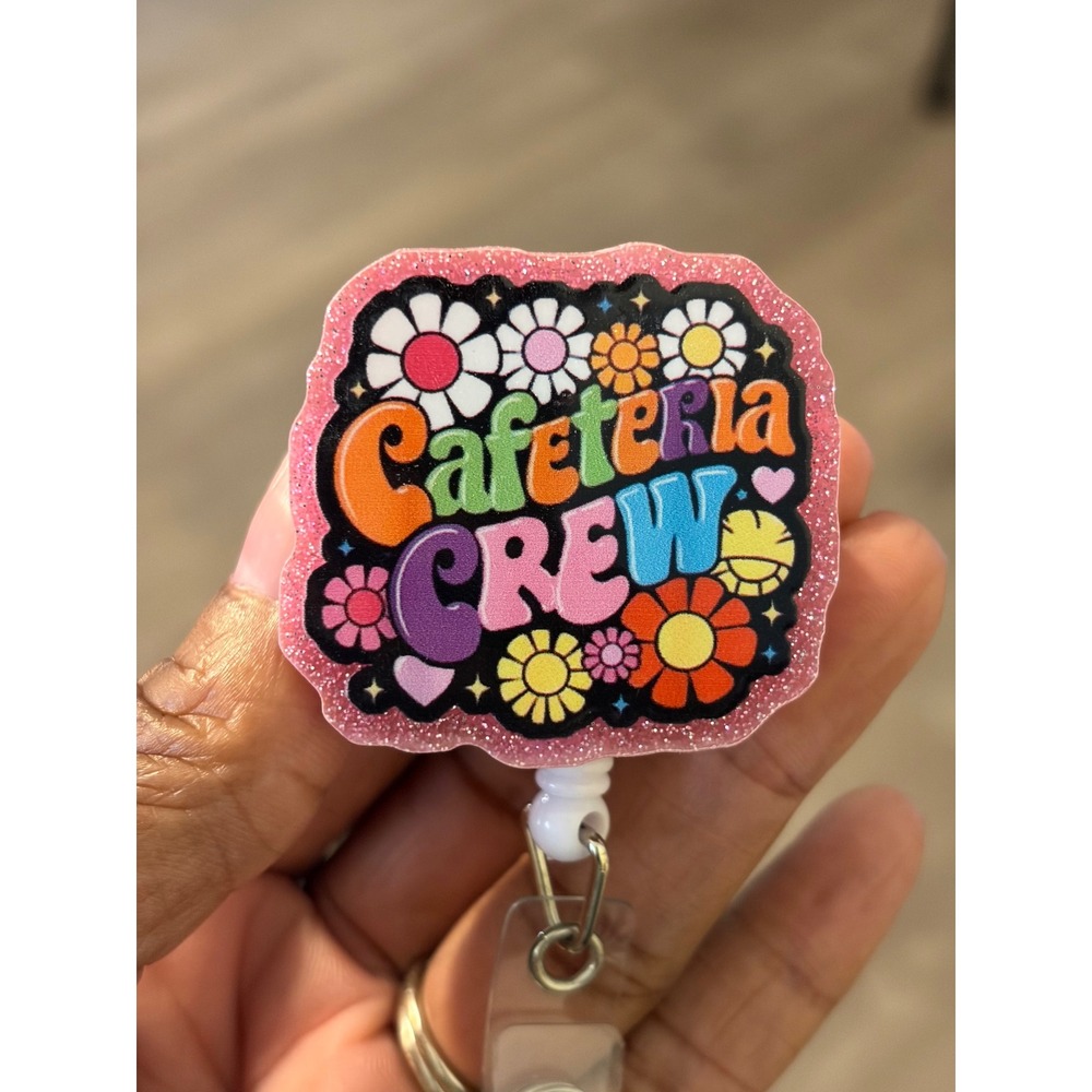 Cafeteria Crew Retractable Badge Reel Pink Glitter Floral Retro ID Holder Clip